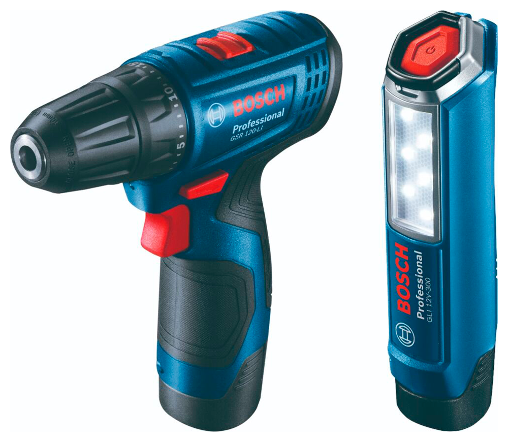 Набор аккумуляторный шуруповёрт и фонарь BOSCH  GSR 120 LI + GLI 12V-300 12В 2Ач photo
