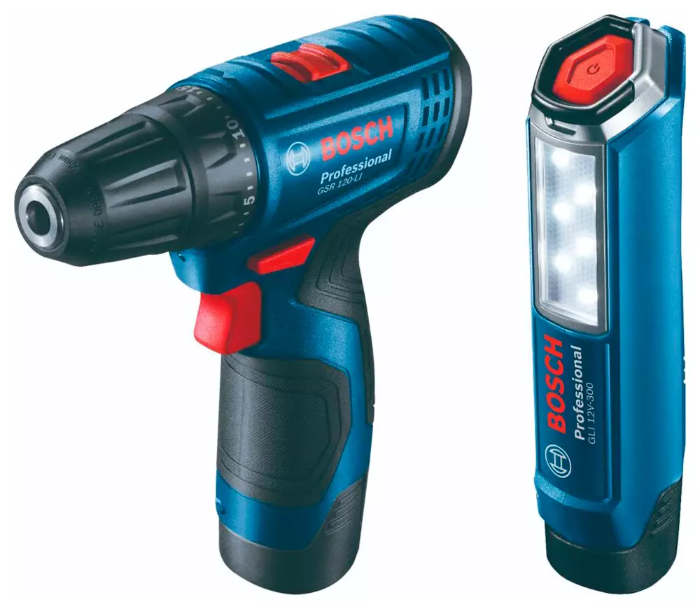 Set mașină de înșurubat cu acumulator cu lanternă BOSCH  GSR 120 LI + GLI 12V-300 12V 2Ah photo