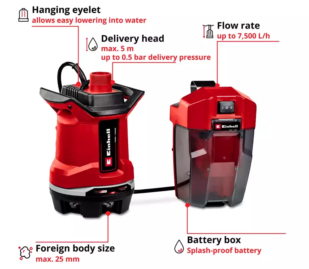 Pompă de drenaj cu acumulator (fără bat) EINHELL GE-DP 18/25 Li - Solo 135w 7500l/h photo 0