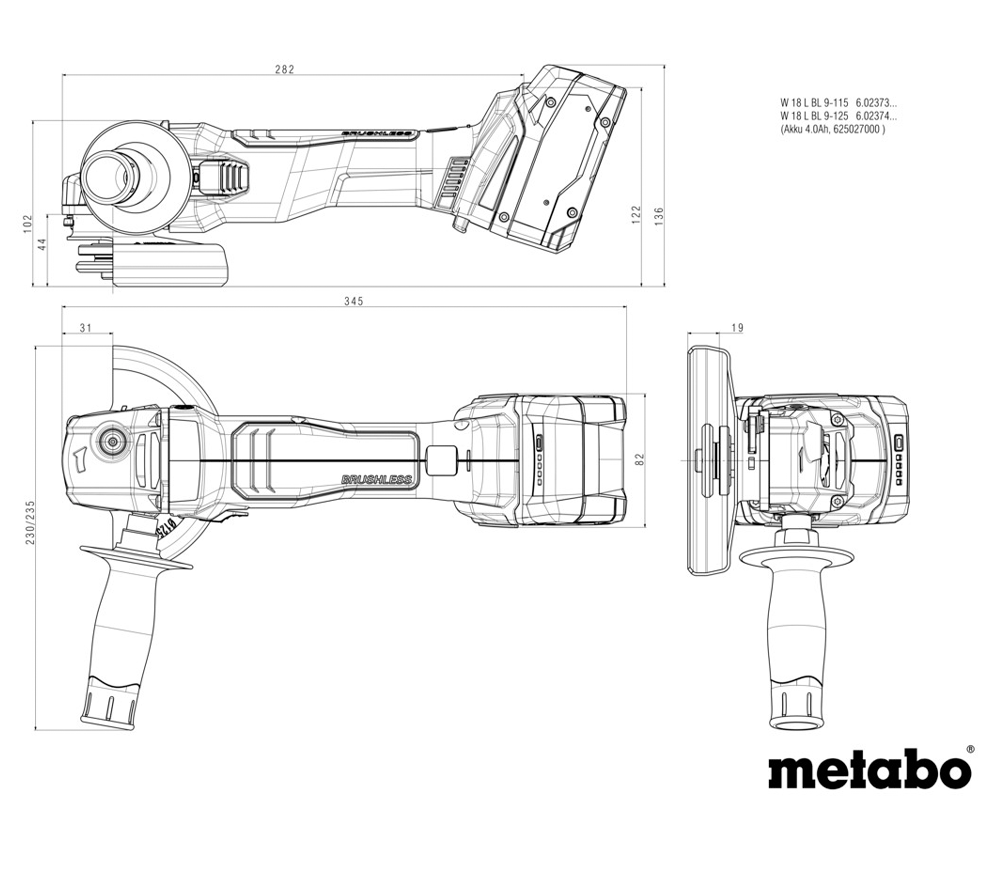 Угловая шлифмашина аккумуляторная METABO W 18 L BL 9-125 125мм 18В 4Ач photo 6