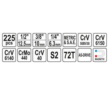 Set chei combinate, duze tubulare și biți YATO YT38941 225unit. 4-32mm 1/2-1/4-3/8" photo 4